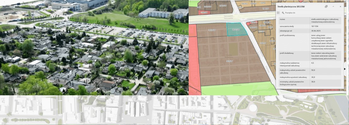 kolaż zdjęcia lotniczego Osiedla Maltańskiego, fragment mapy plany ogólnego przedstawiające Osiedle Maltańskie oraz artystyczna prezentacja zdjecia lotniczego Poznania